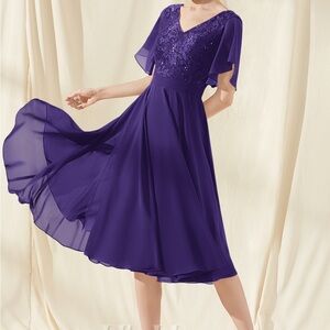 JJs House Purple Flutter Sleeve Midi Dress